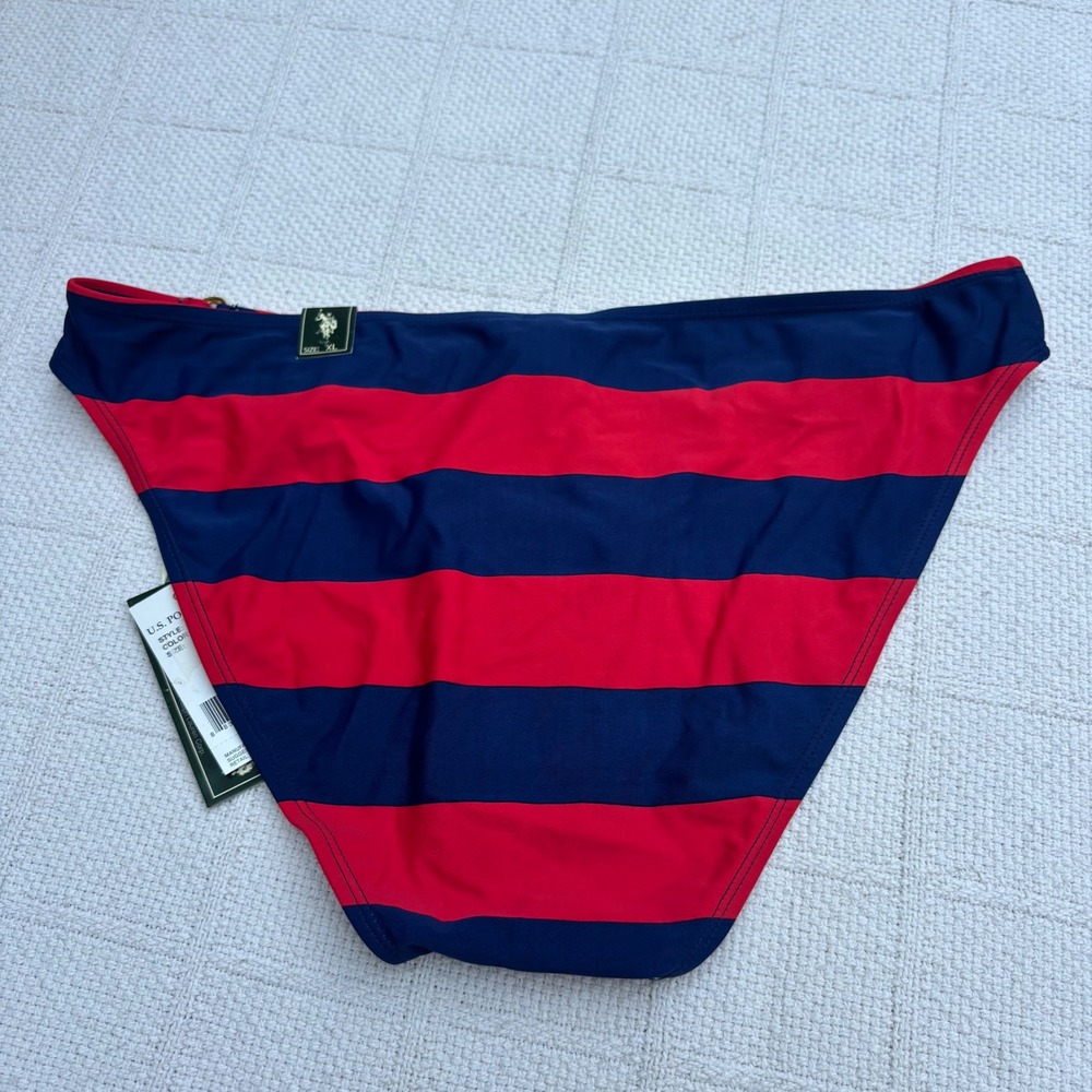 Women's XL Y2K US POLO ASSN Red Navy Blue Striped Gold O-Ring Bikini Bottoms NWT - Picture 4 of 6